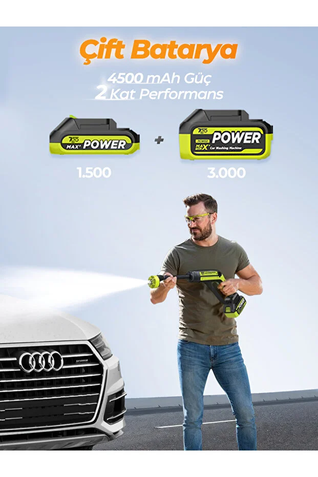 Akülü Şarjlı Yüksek Basınçlı Araç ve Bahçe Yıkama Temizleme Tabancası | 2 Batarya, 5m Hort